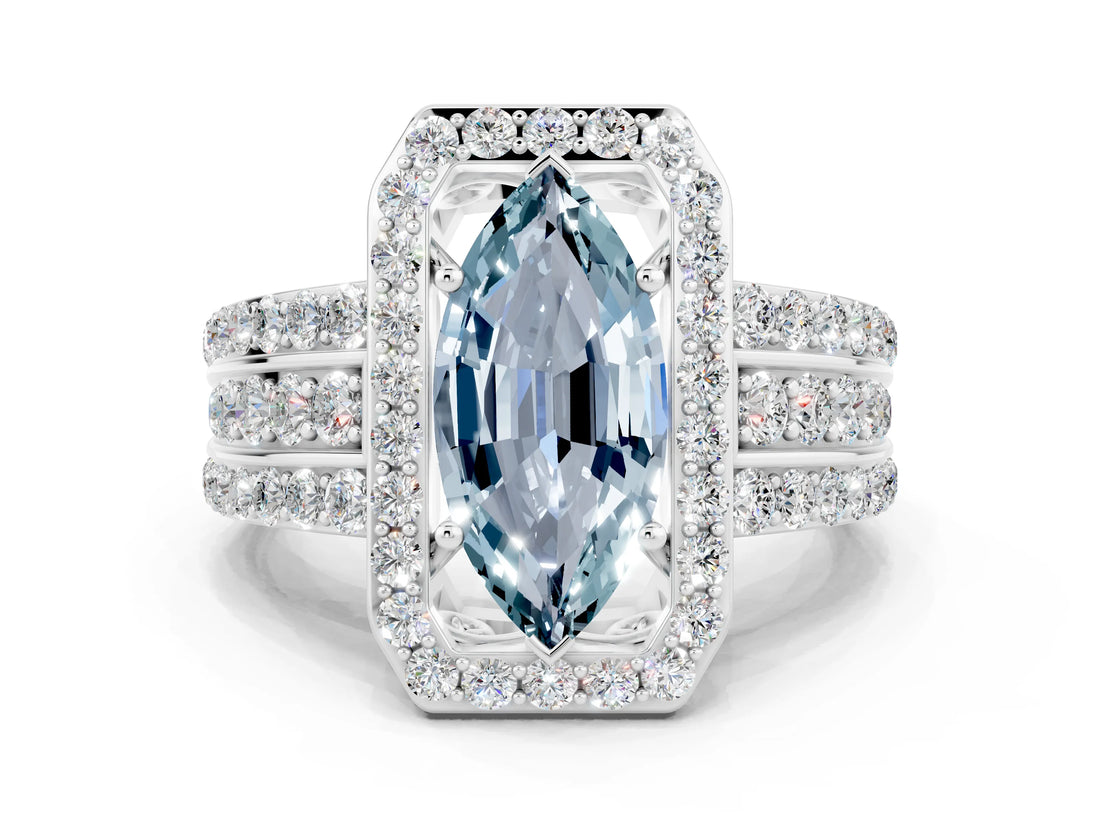White gold Marquise Cut Halo Aquamarine Ring with Round  Split Shank and Prong Setting_12