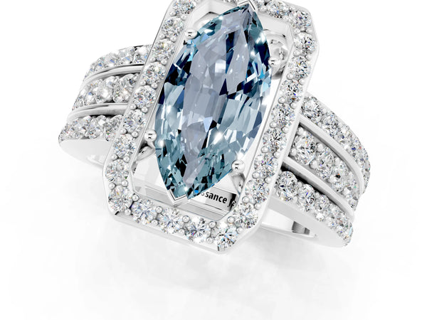 Silver Marquise Cut Halo Aquamarine Ring with Round  Split Shank and Prong Setting