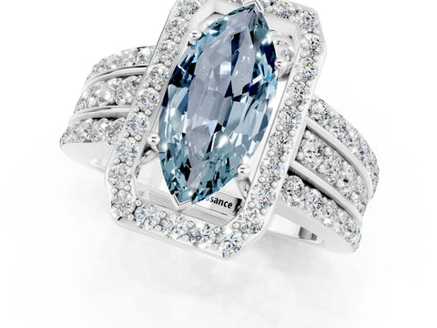 White gold Marquise Cut Halo Aquamarine Ring with Round  Split Shank and Prong Setting_13