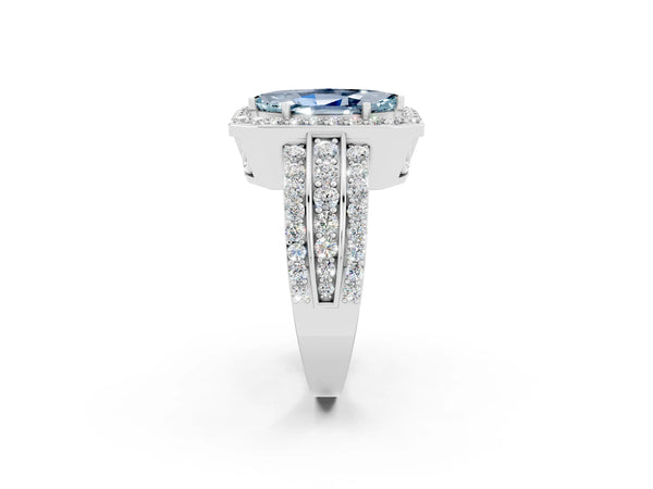 Platinum Marquise Cut Halo Aquamarine Ring with Round  Split Shank and Prong Setting