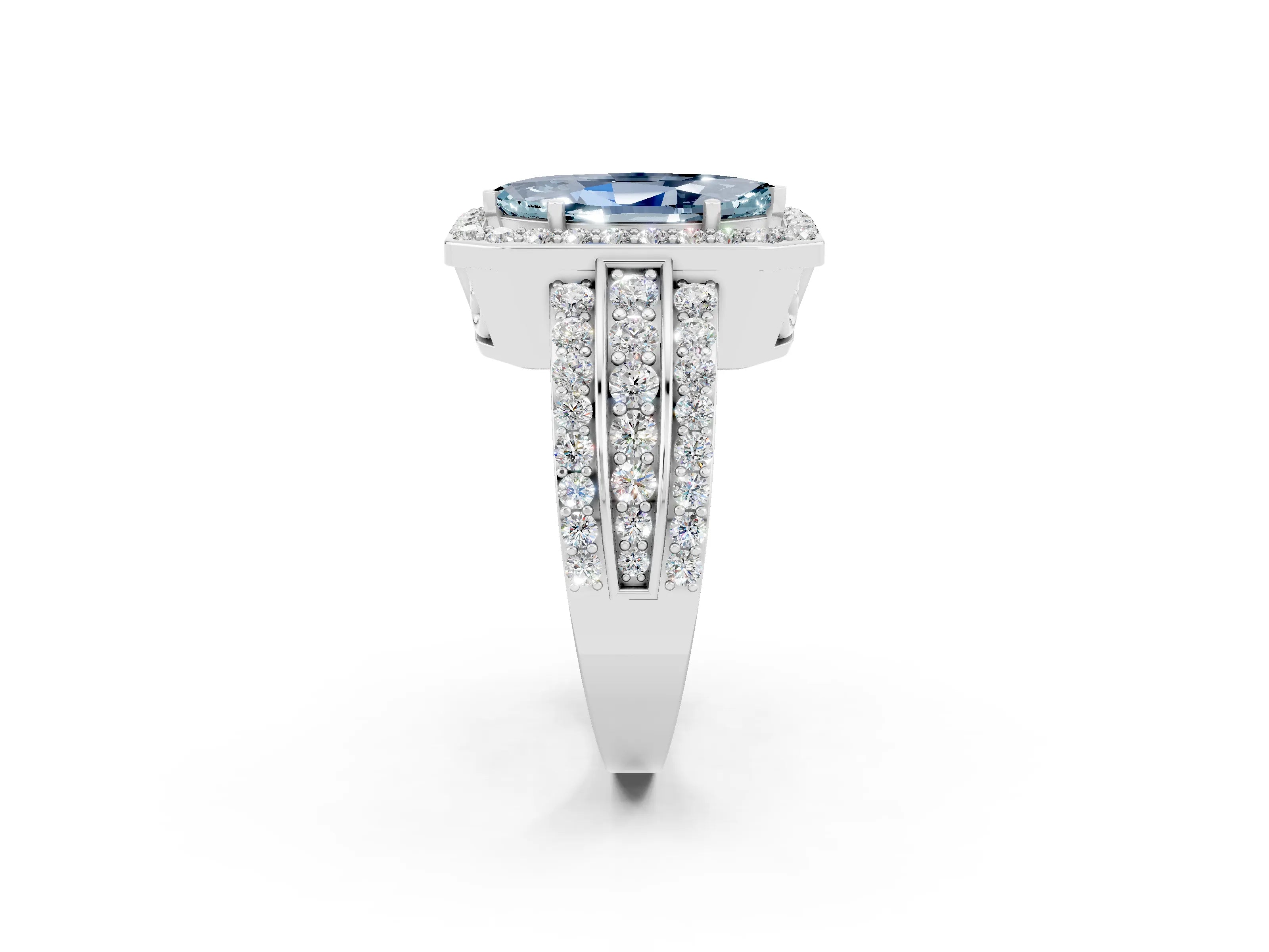 White gold Marquise Cut Halo Aquamarine Ring with Round  Split Shank and Prong Setting_14