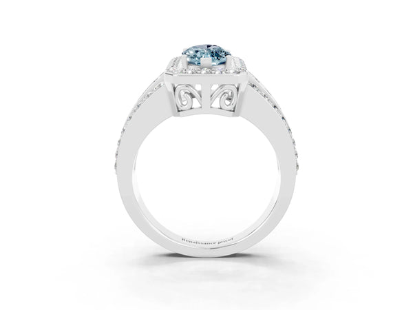 Silver Marquise Cut Halo Aquamarine Ring with Round  Split Shank and Prong Setting