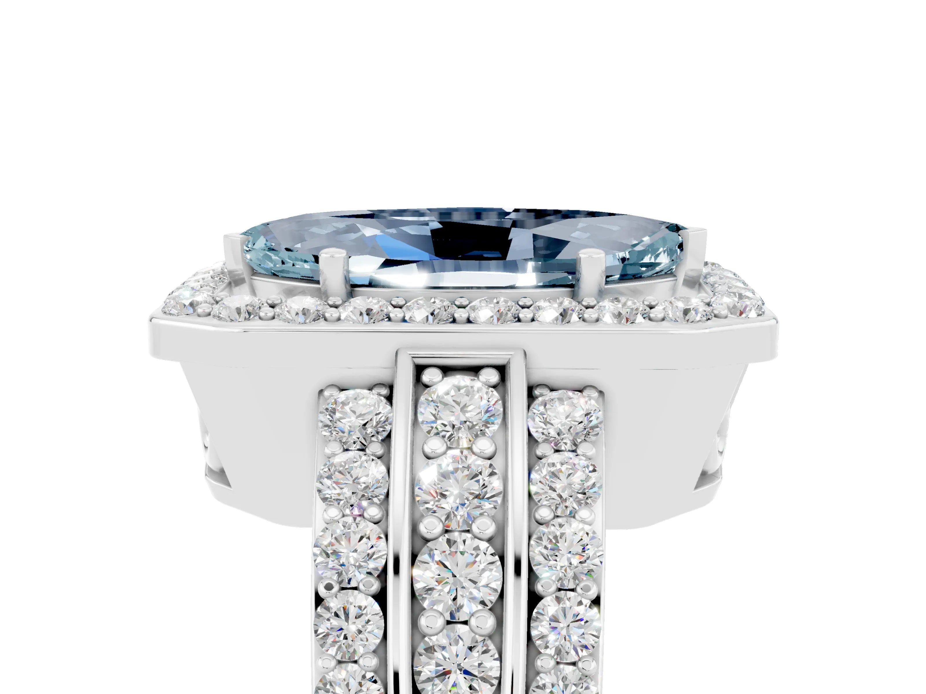 White gold Marquise Cut Halo Aquamarine Ring with Round  Split Shank and Prong Setting_17