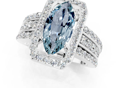 White gold Marquise Cut Halo Aquamarine Ring with Split Shank and Four-Prong Setting_1