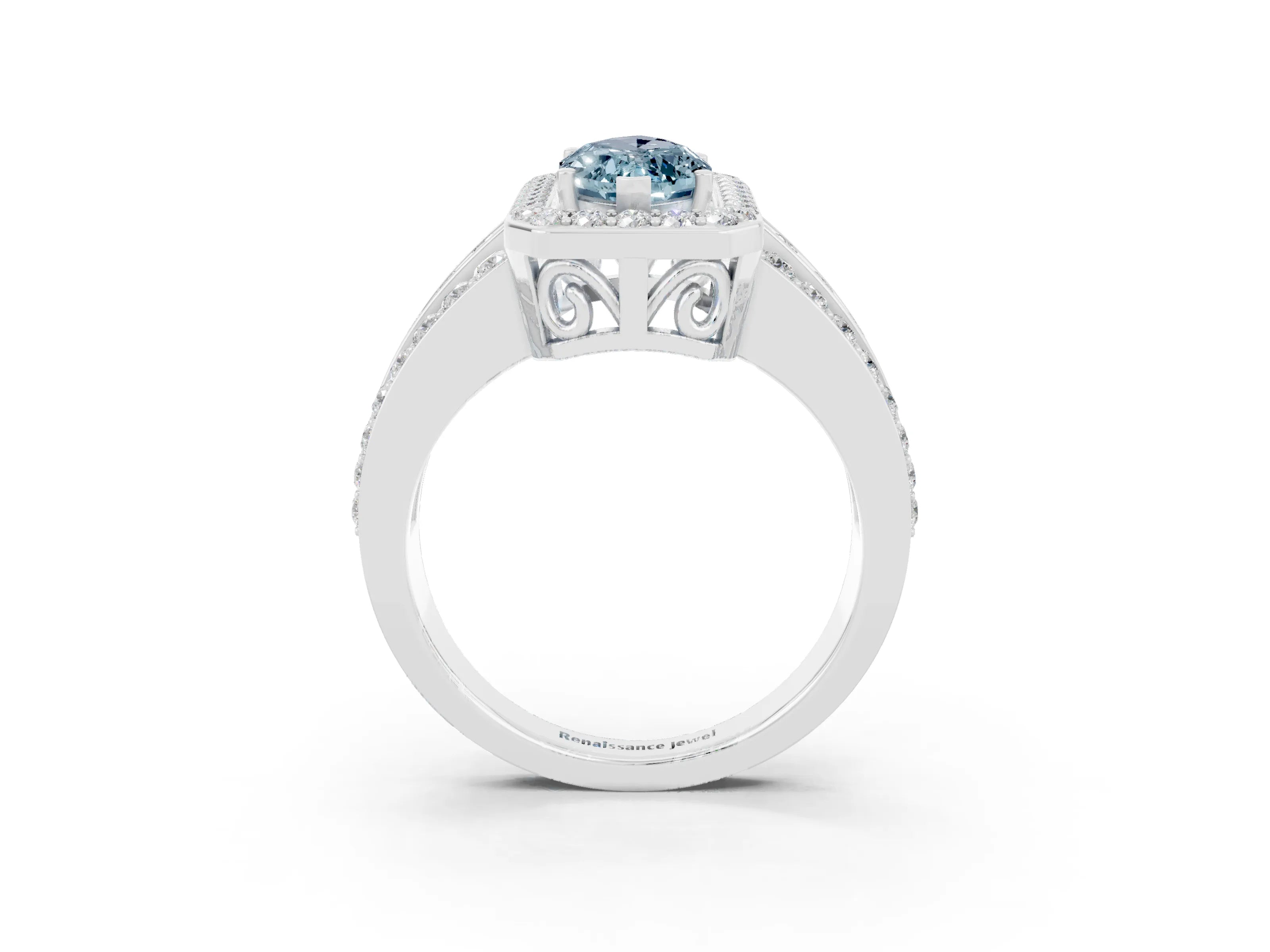 White gold Marquise Cut Halo Aquamarine Ring with Split Shank and Four-Prong Setting_3