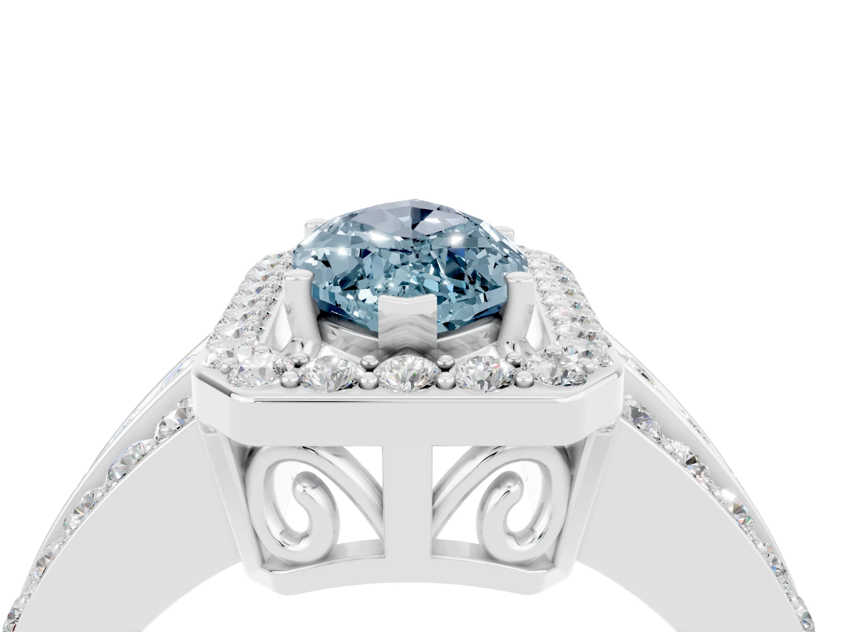 White gold Marquise Cut Halo Aquamarine Ring with Split Shank and Four-Prong Setting_4