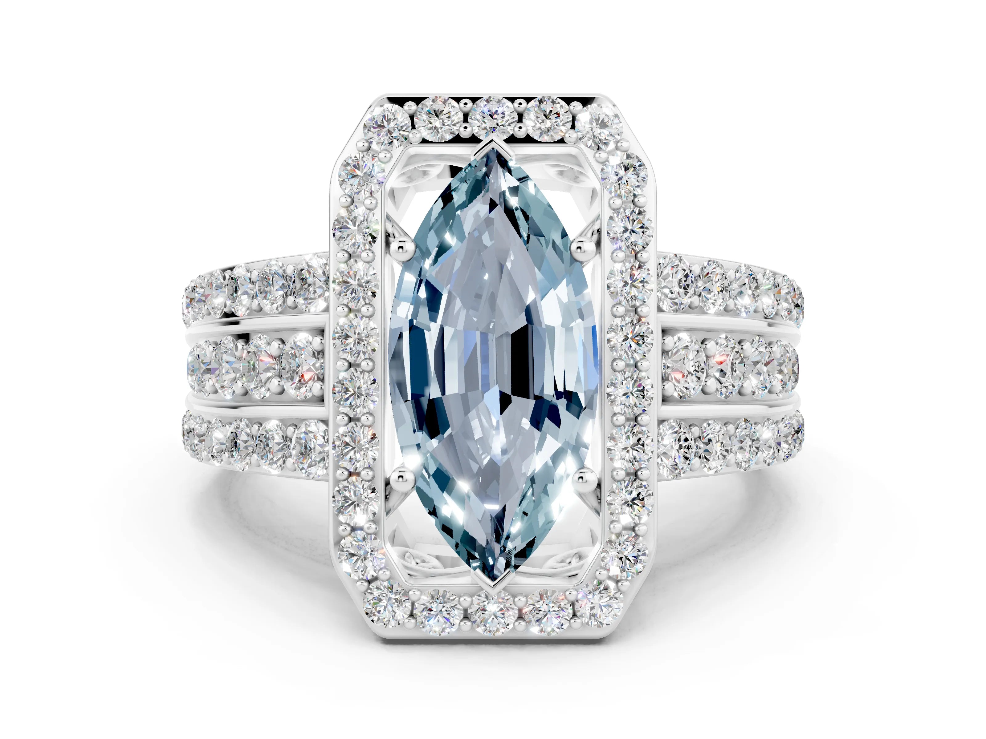 White gold Marquise Cut Halo Aquamarine Ring with Split Shank and Four-Prong Setting
