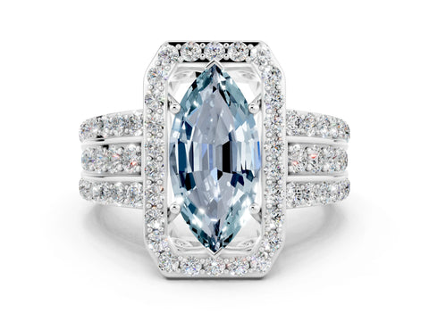 White gold Marquise Cut Halo Aquamarine Ring with Split Shank and Four-Prong Setting