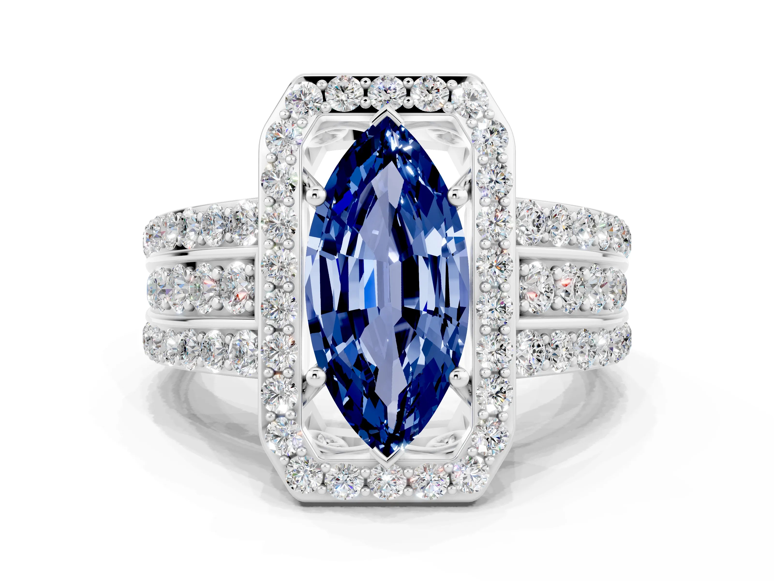 White gold Marquise Cut Halo Blue Sapphire Ring with Round  Split Shank and Prong Setting_12