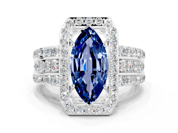 Platinum Marquise Cut Halo Blue Sapphire Ring with Round  Split Shank and Prong Setting