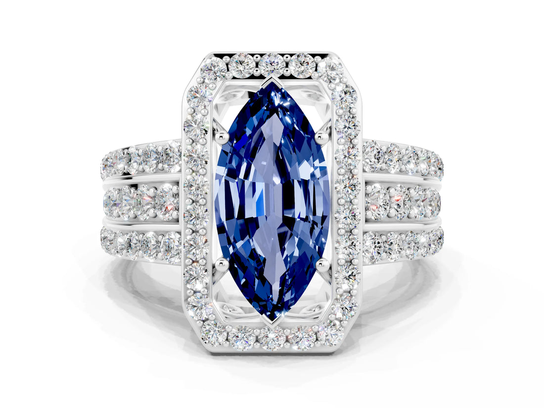White gold Marquise Cut Halo Blue Sapphire Ring with Round  Split Shank and Prong Setting_12