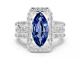 White gold Marquise Cut Halo Blue Sapphire Ring with Round  Split Shank and Prong Setting_12