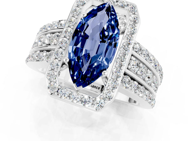 Silver Marquise Cut Halo Blue Sapphire Ring with Round  Split Shank and Prong Setting