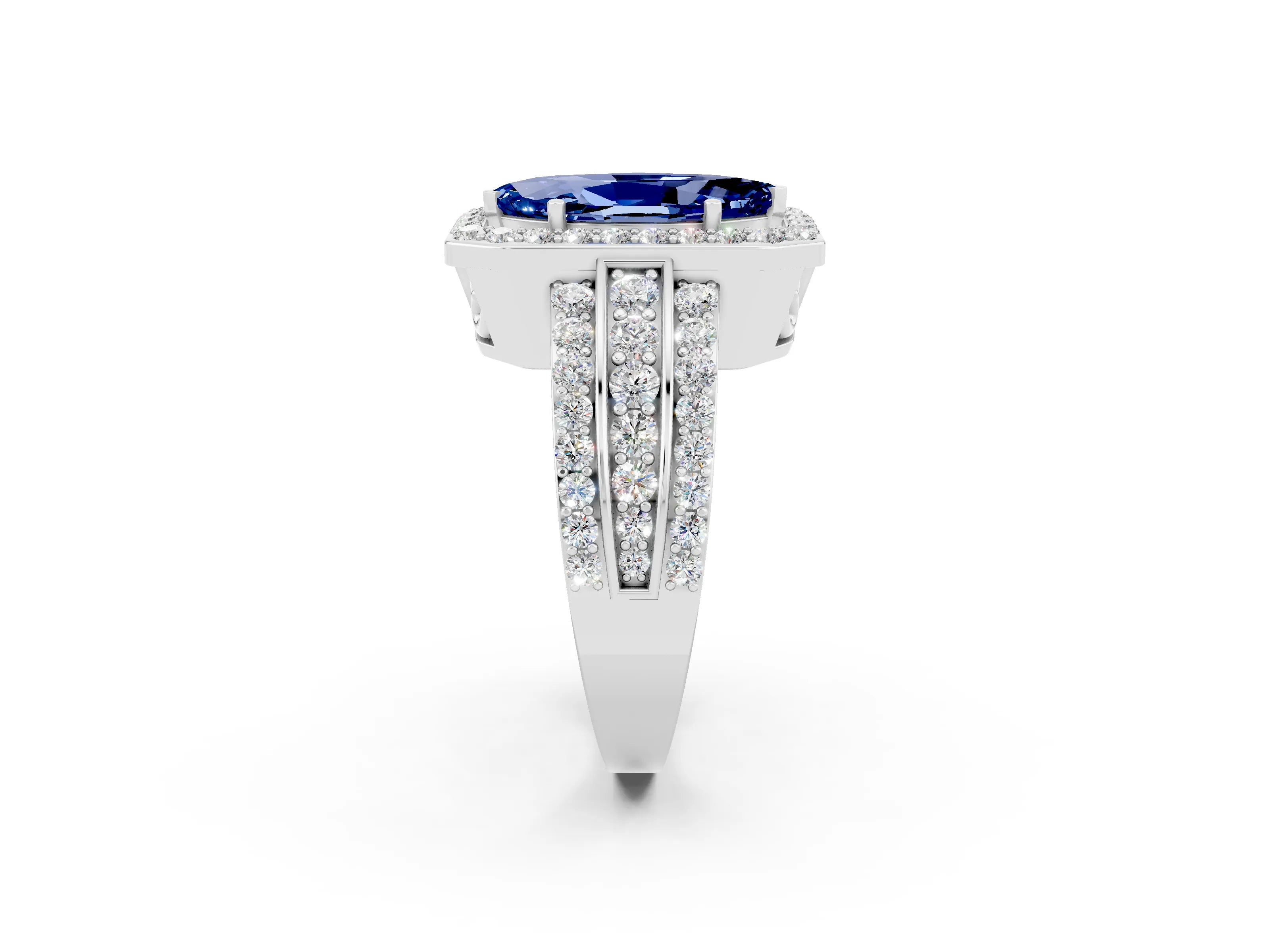 White gold Marquise Cut Halo Blue Sapphire Ring with Round  Split Shank and Prong Setting_14