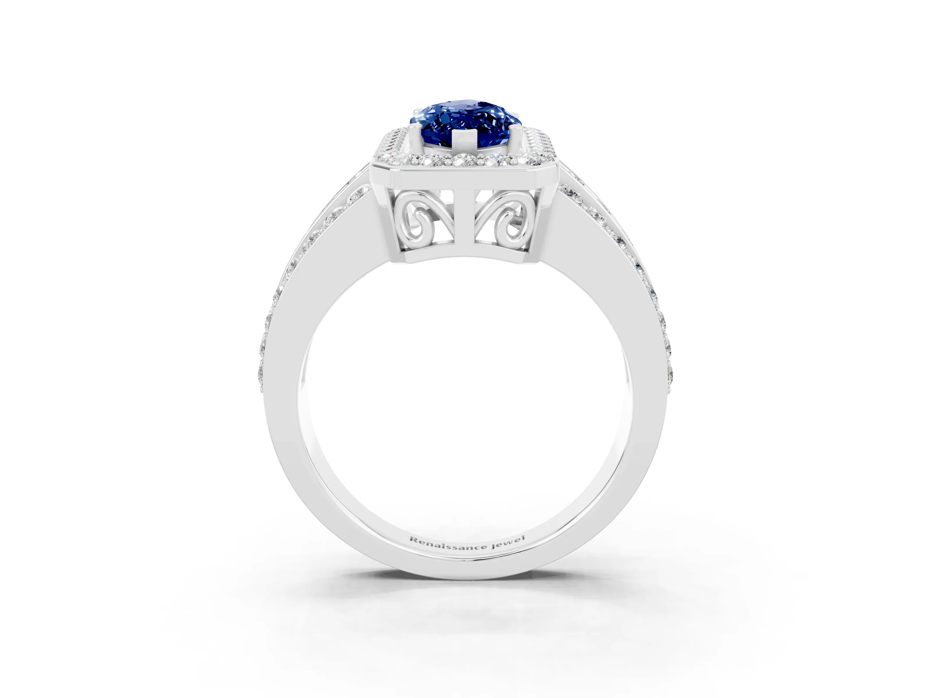 White gold Marquise Cut Halo Blue Sapphire Ring with Round  Split Shank and Prong Setting_15