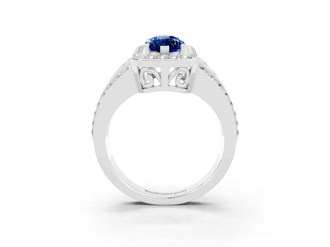 White gold Marquise Cut Halo Blue Sapphire Ring with Round  Split Shank and Prong Setting_15