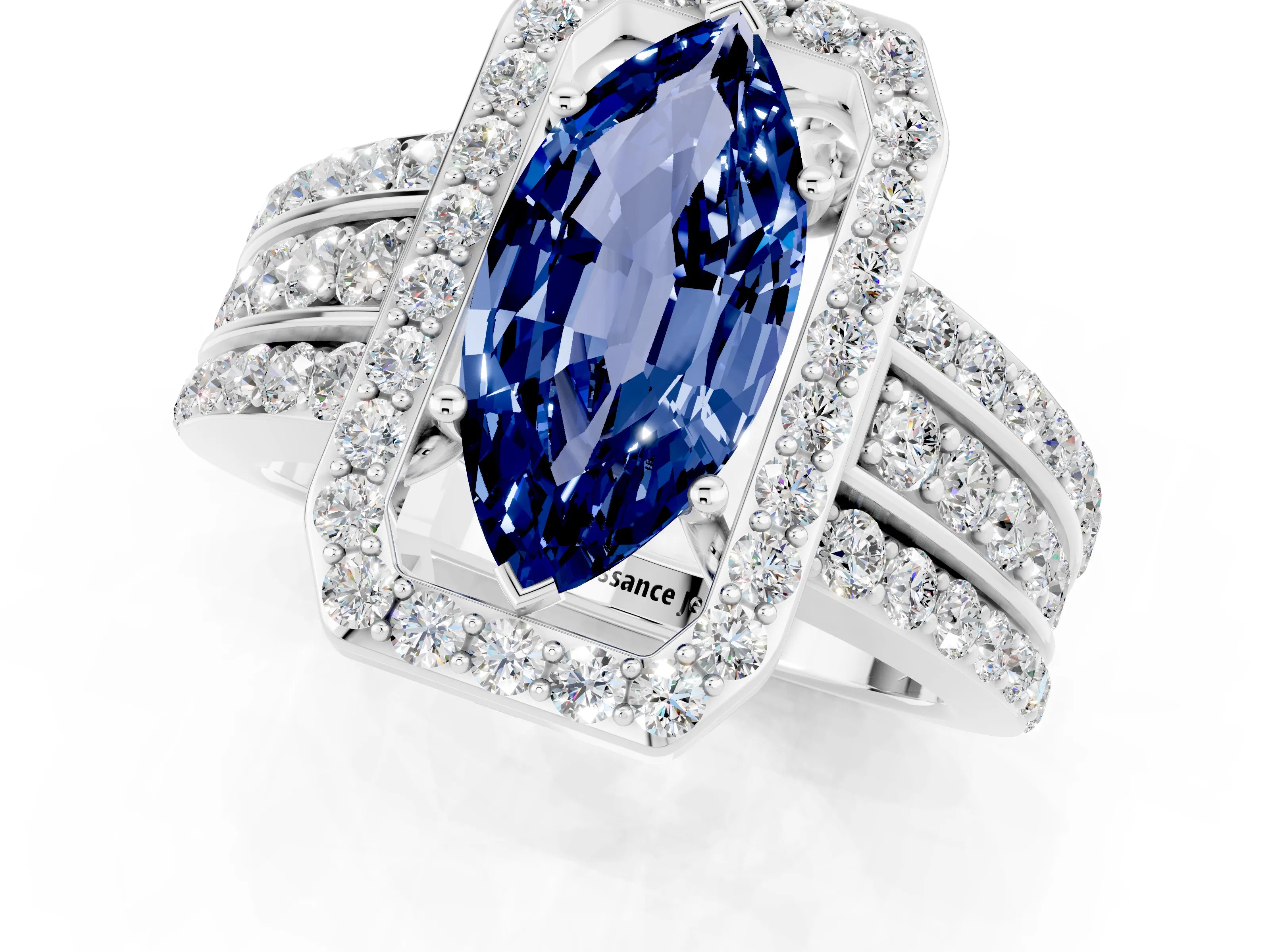 White gold Marquise Cut Halo Blue Sapphire Ring with Split Shank and Four-Prong Setting_1