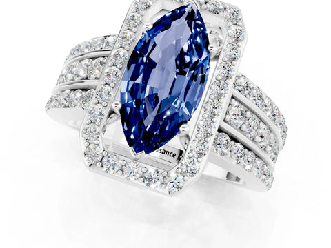 White gold Marquise Cut Halo Blue Sapphire Ring with Split Shank and Four-Prong Setting_1