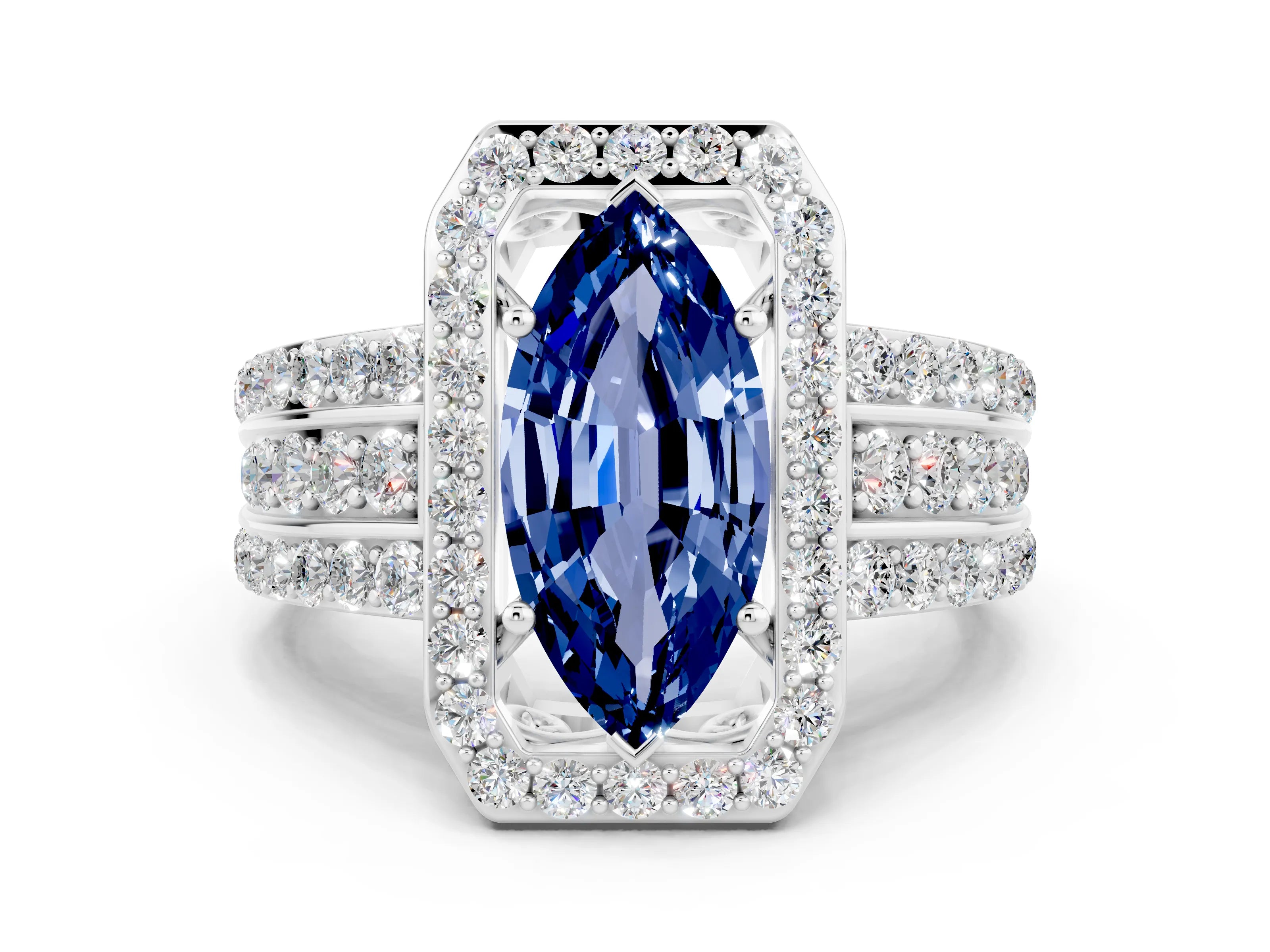White gold Marquise Cut Halo Blue Sapphire Ring with Split Shank and Four-Prong Setting