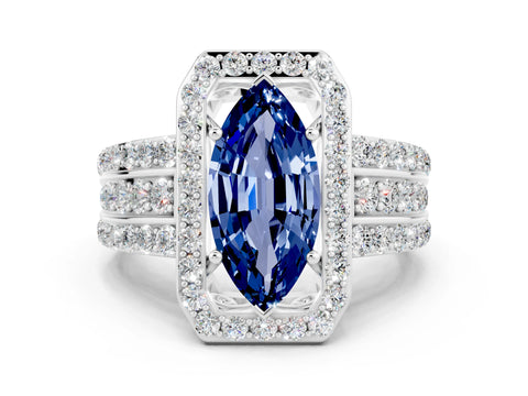 White gold Marquise Cut Halo Blue Sapphire Ring with Split Shank and Four-Prong Setting