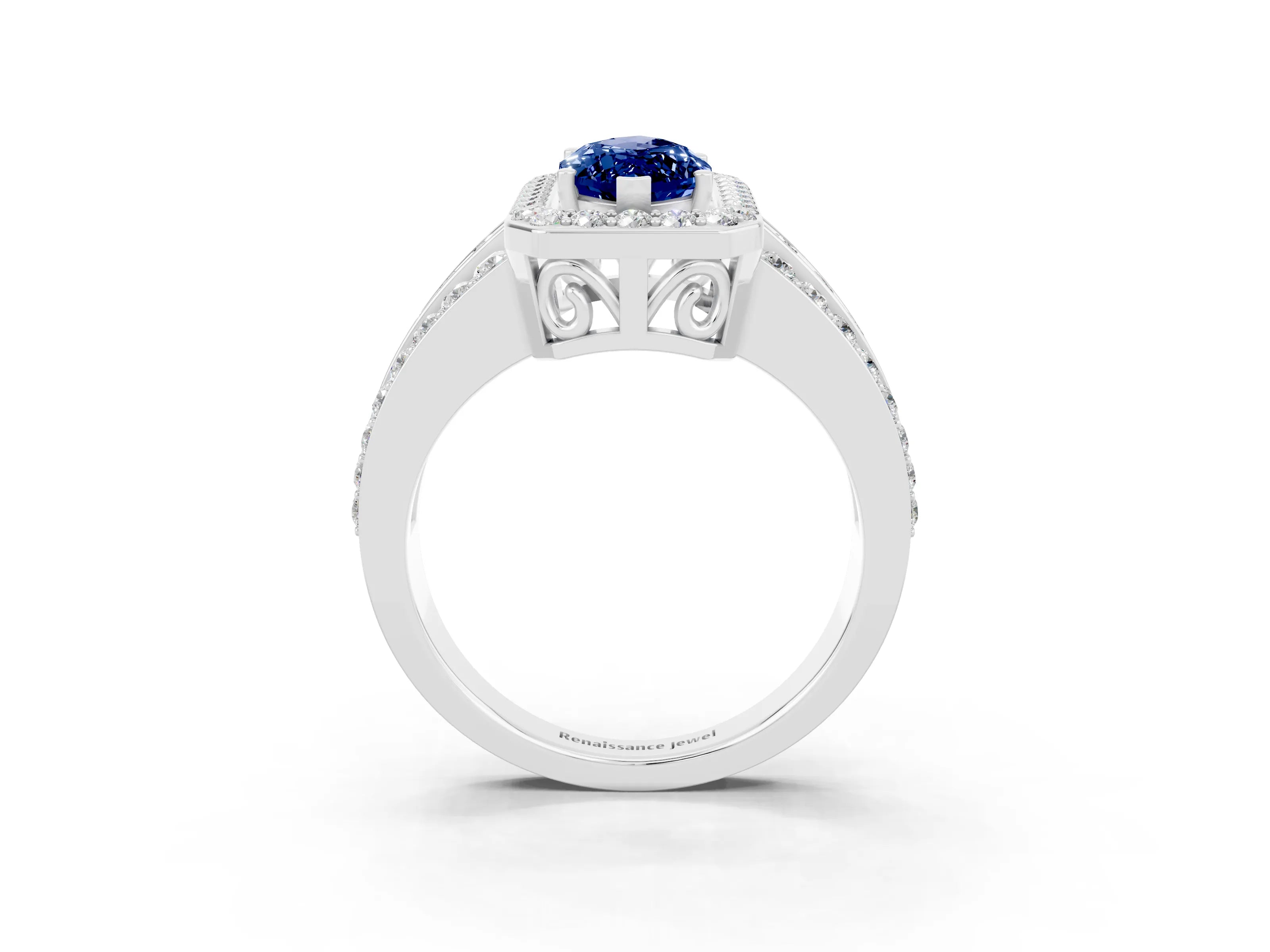 White gold Marquise Cut Halo Blue Sapphire Ring with Split Shank and Four-Prong Setting_3