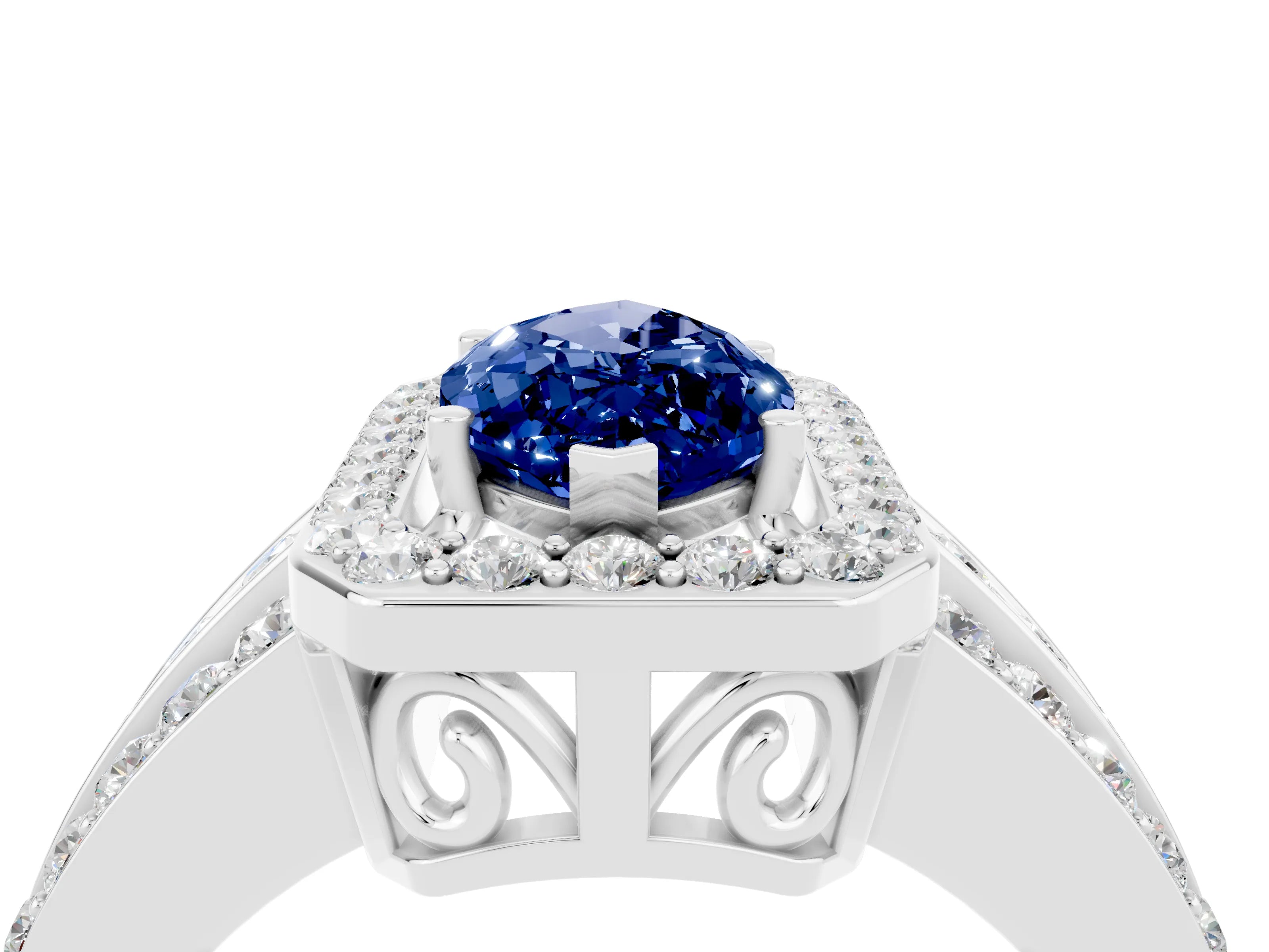 White gold Marquise Cut Halo Blue Sapphire Ring with Split Shank and Four-Prong Setting_4