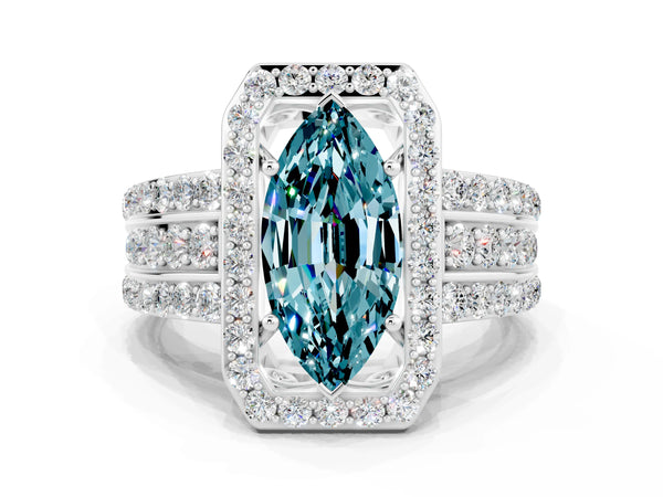 Platinum Marquise Cut Halo Blue Topaz Ring with Round  Split Shank and Prong Setting