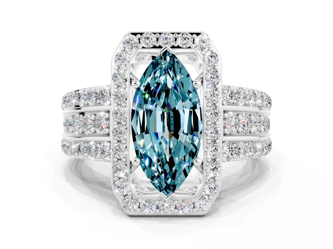 White gold Marquise Cut Halo Blue Topaz Ring with Round  Split Shank and Prong Setting_12