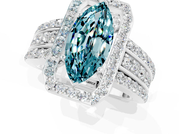 Silver Marquise Cut Halo Blue Topaz Ring with Round  Split Shank and Prong Setting