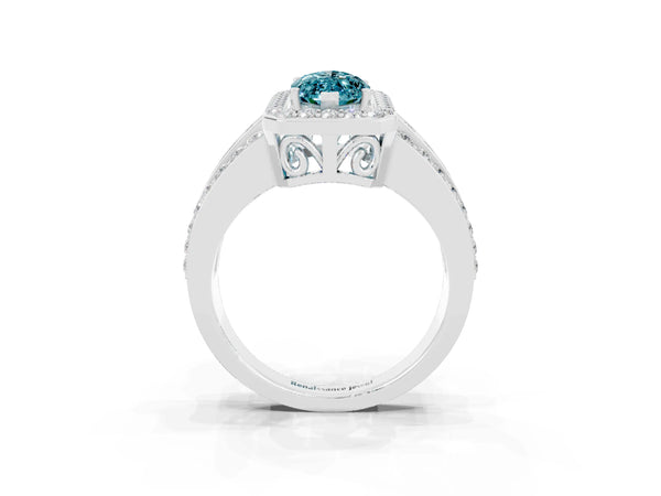 White gold Marquise Cut Halo Blue Topaz Ring with Round  Split Shank and Prong Setting