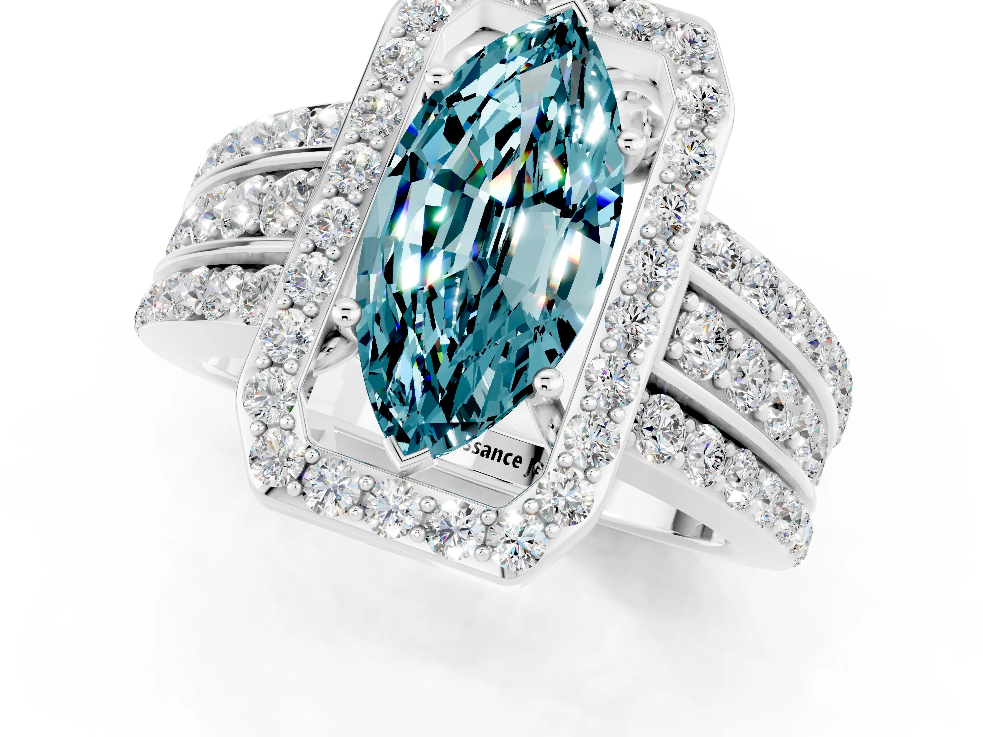 White gold Marquise Cut Halo Blue Topaz Ring with Split Shank and Four-Prong Setting_1