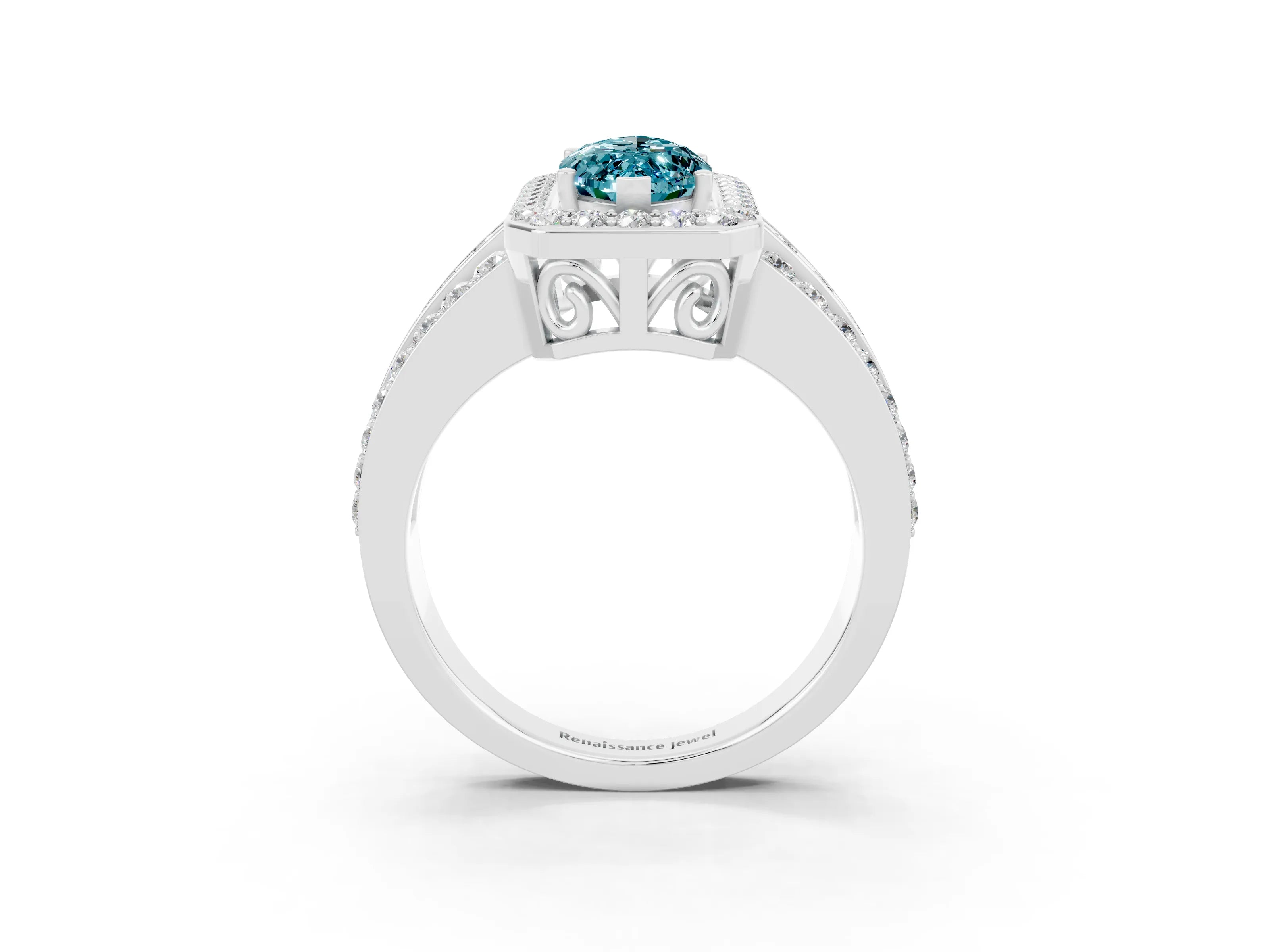 White gold Marquise Cut Halo Blue Topaz Ring with Split Shank and Four-Prong Setting_3
