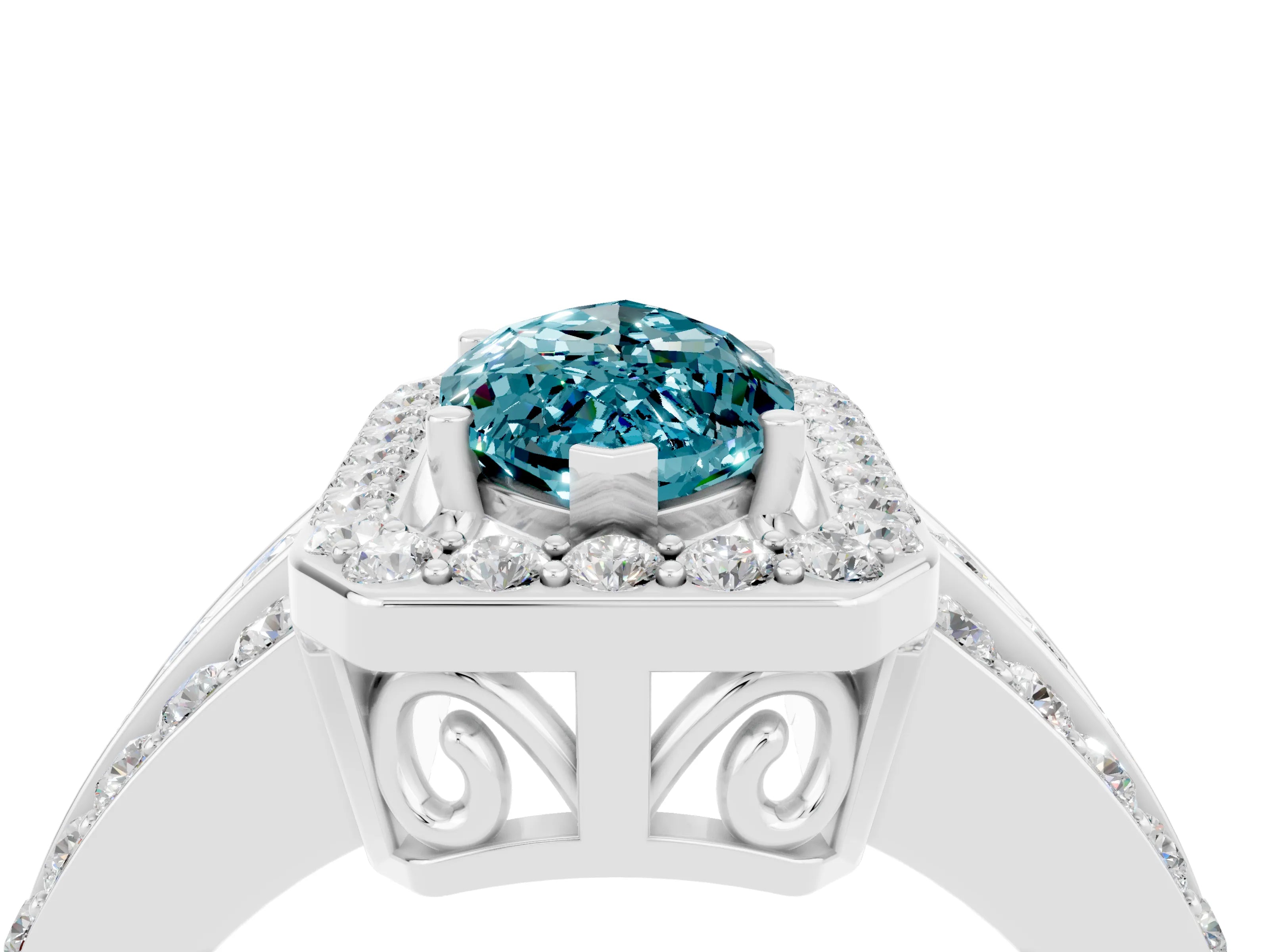 White gold Marquise Cut Halo Blue Topaz Ring with Split Shank and Four-Prong Setting_4