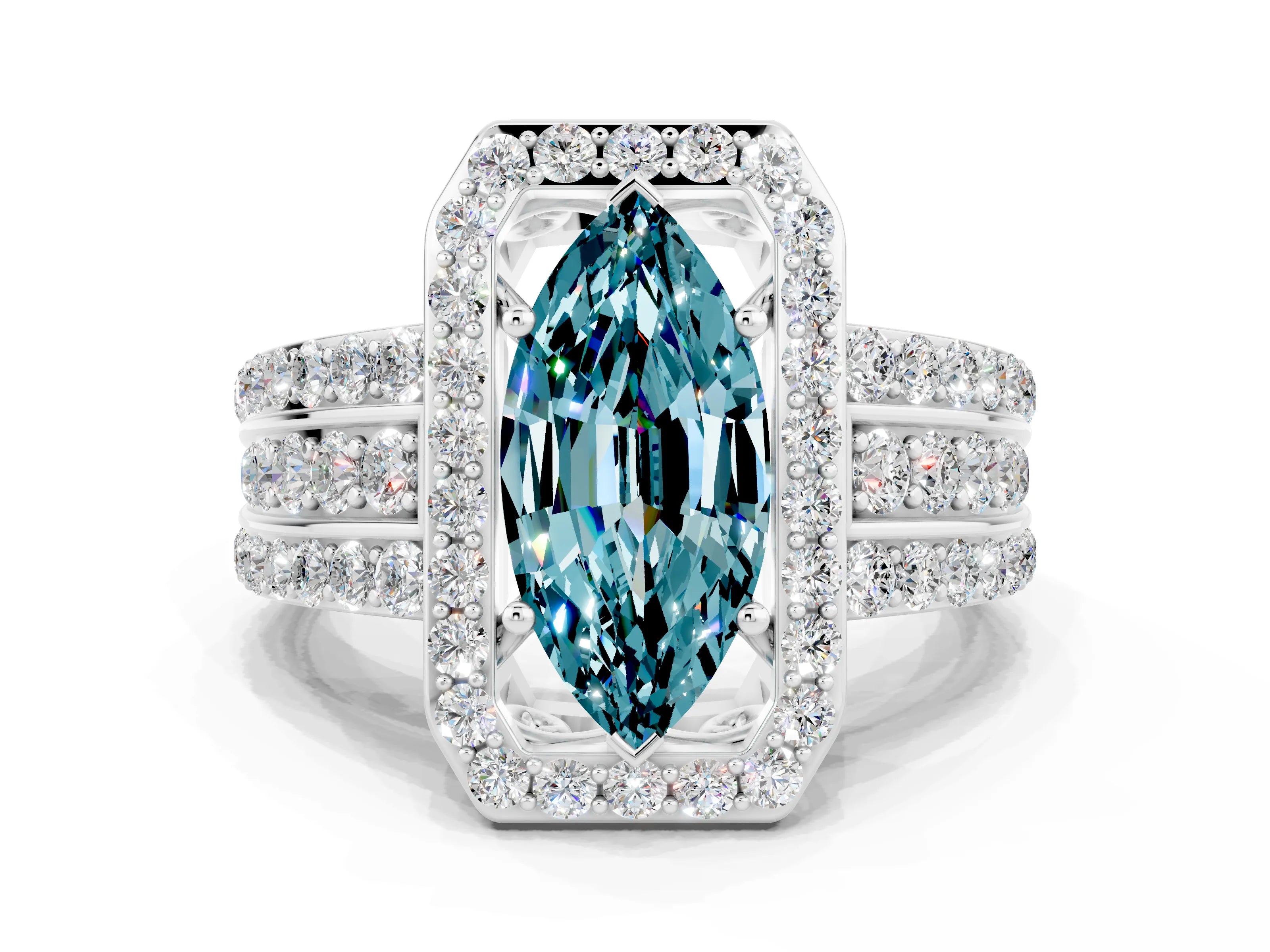 White gold Marquise Cut Halo Blue Topaz Ring with Split Shank and Four-Prong Setting