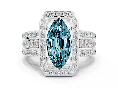 White gold Marquise Cut Halo Blue Topaz Ring with Split Shank and Four-Prong Setting