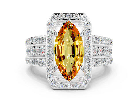 White gold Marquise Cut Halo Citrine Ring with Round  Split Shank and Prong Setting_12