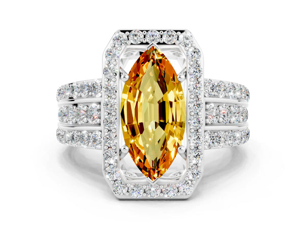 Silver Marquise Cut Halo Citrine Ring with Round  Split Shank and Prong Setting