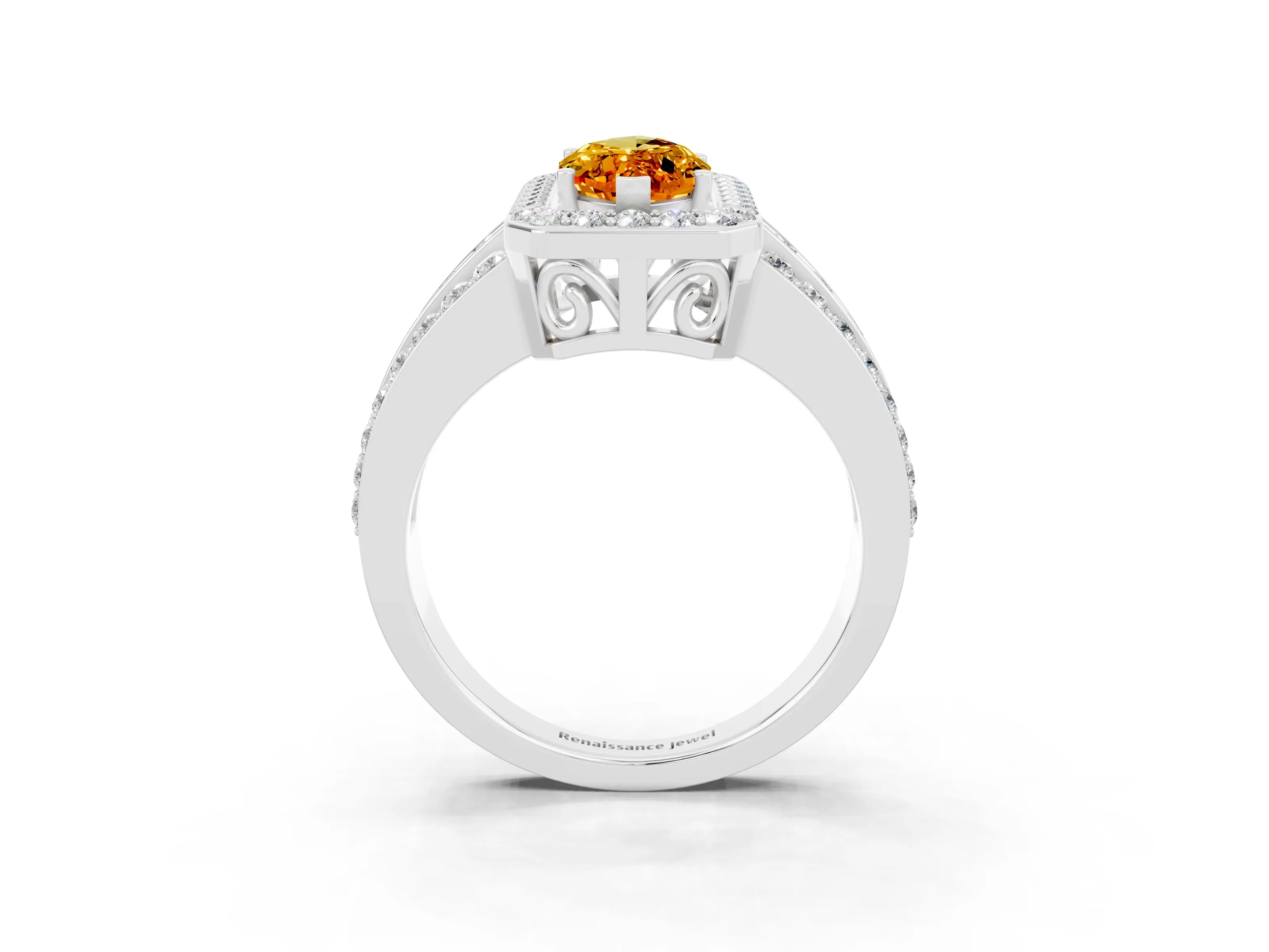 White gold Marquise Cut Halo Citrine Ring with Round  Split Shank and Prong Setting_15
