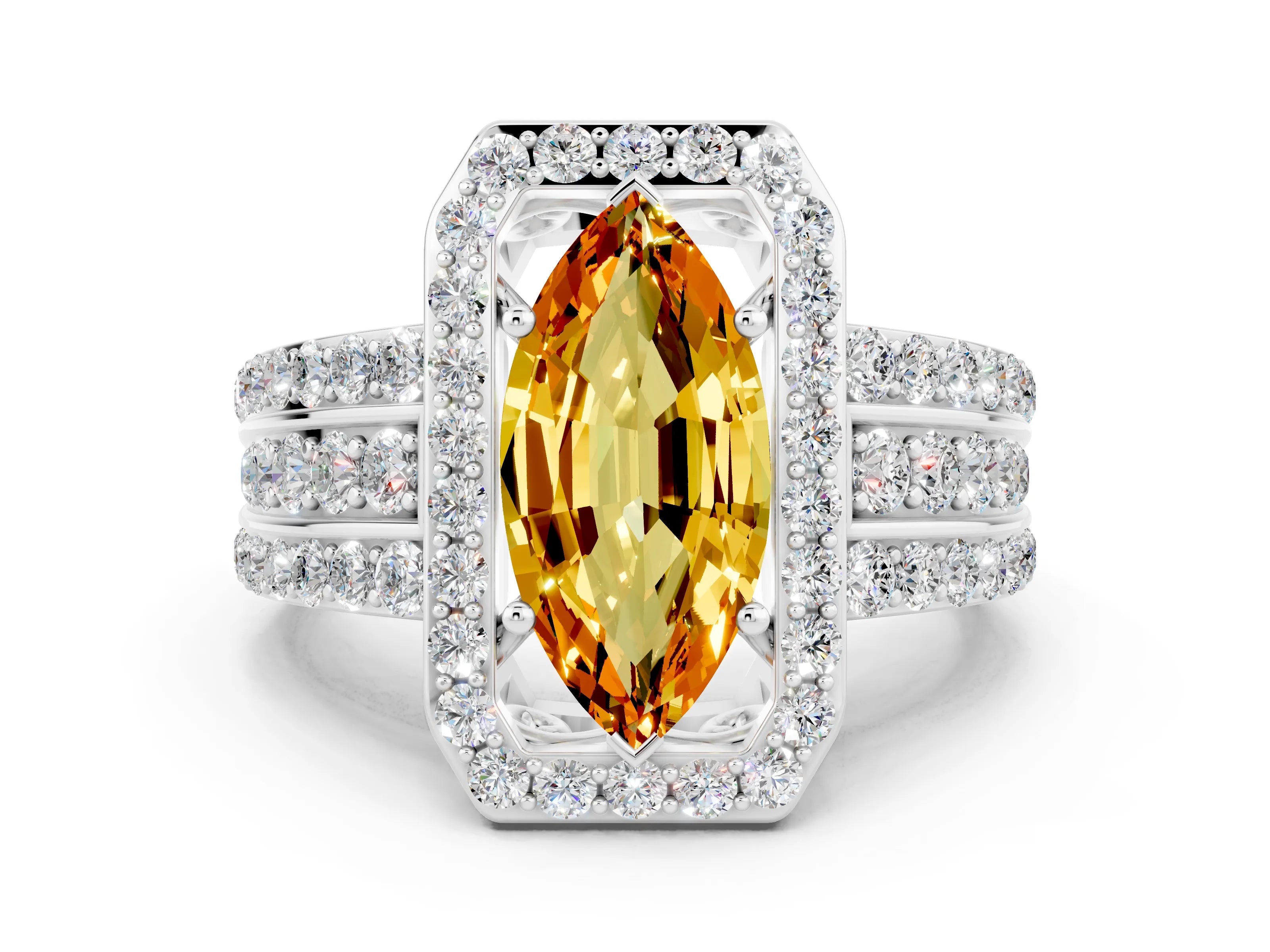 White gold Marquise Cut Halo Citrine Ring with Split Shank and Four-Prong Setting