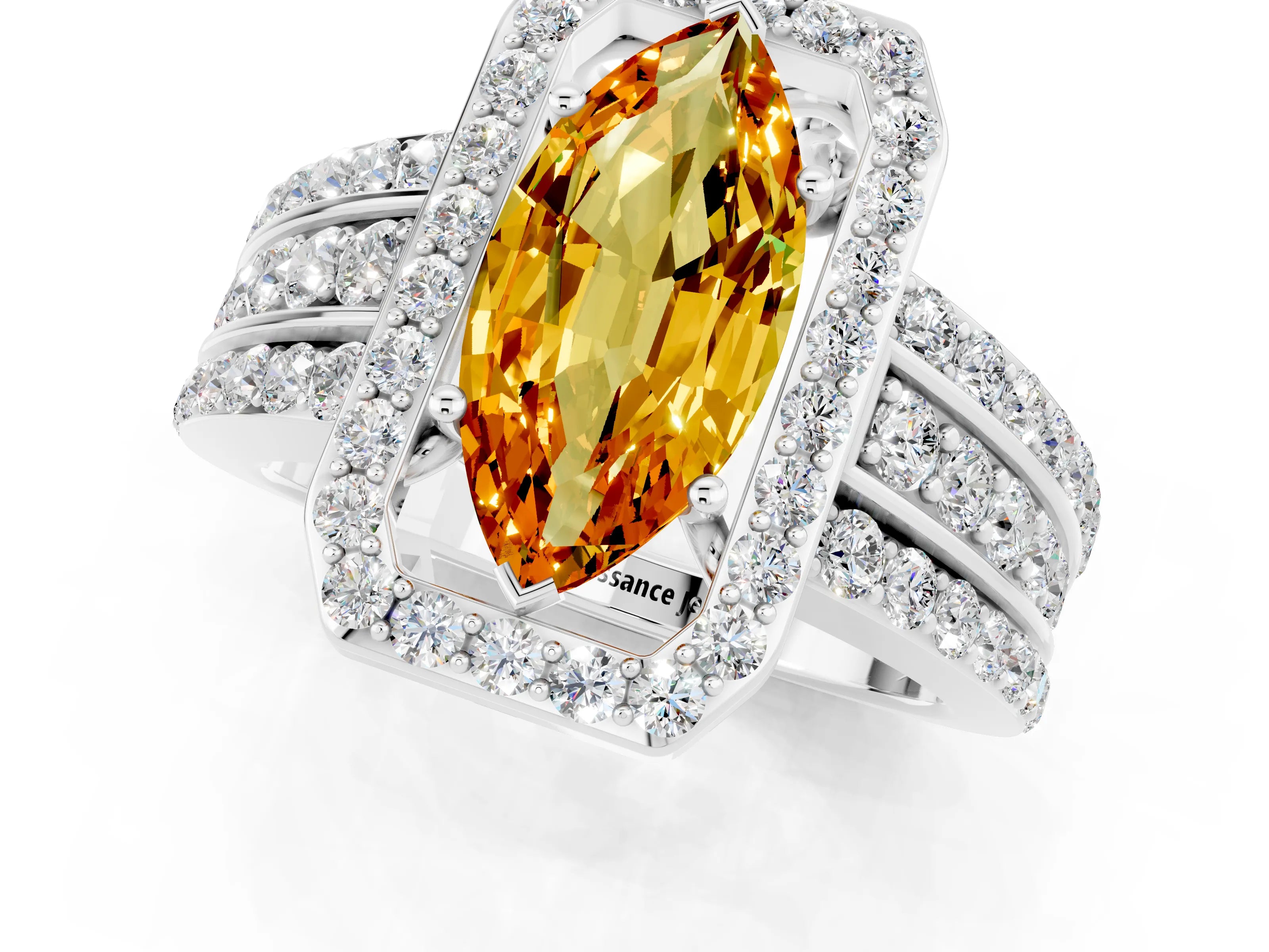 White gold Marquise Cut Halo Citrine Ring with Split Shank and Four-Prong Setting_1