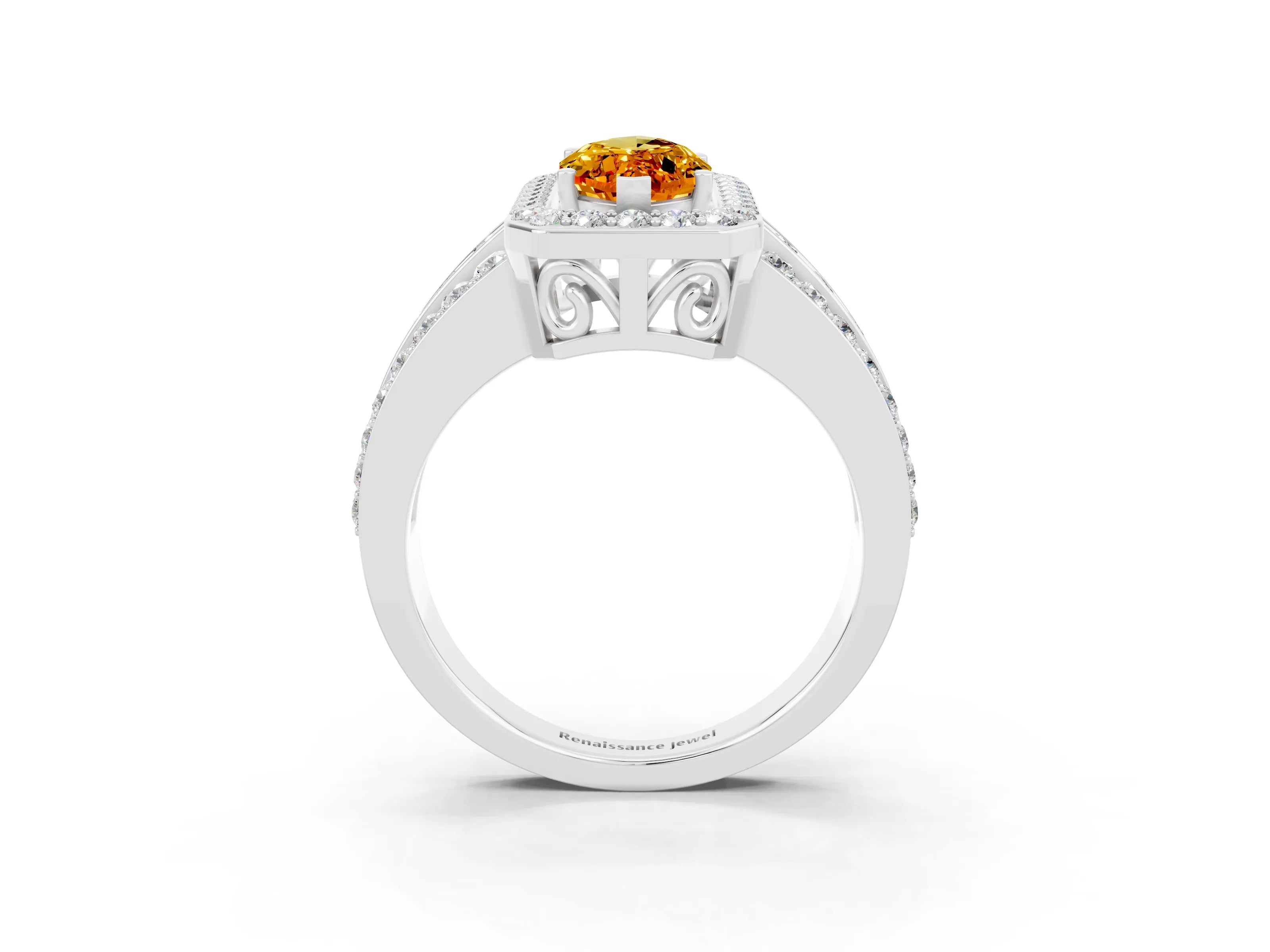 White gold Marquise Cut Halo Citrine Ring with Split Shank and Four-Prong Setting_3
