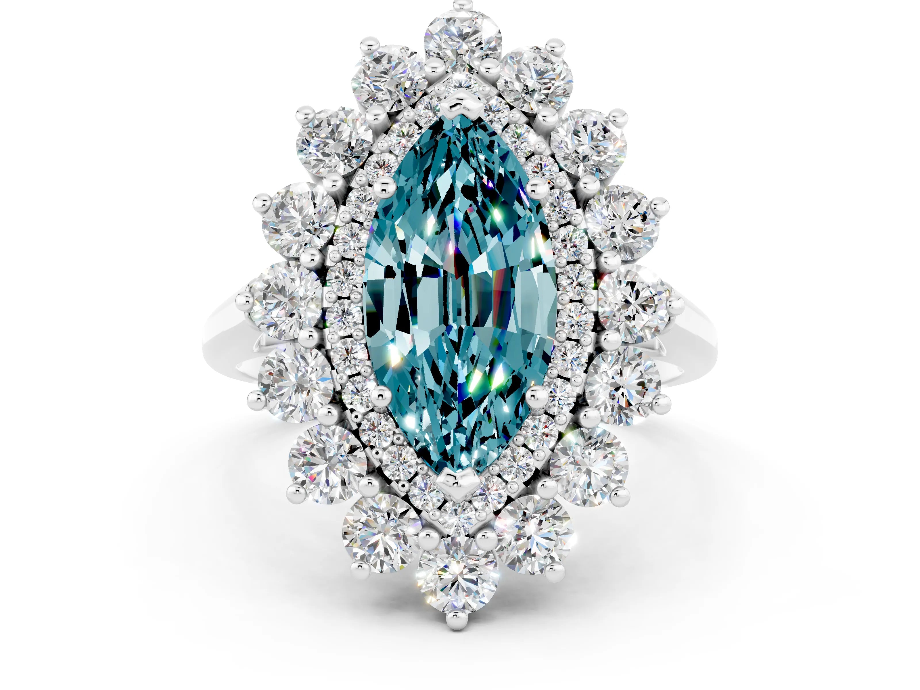 White gold Marquise Cut Halo Cluster Diamond Ring with Pave Band and Four-Prong Setting