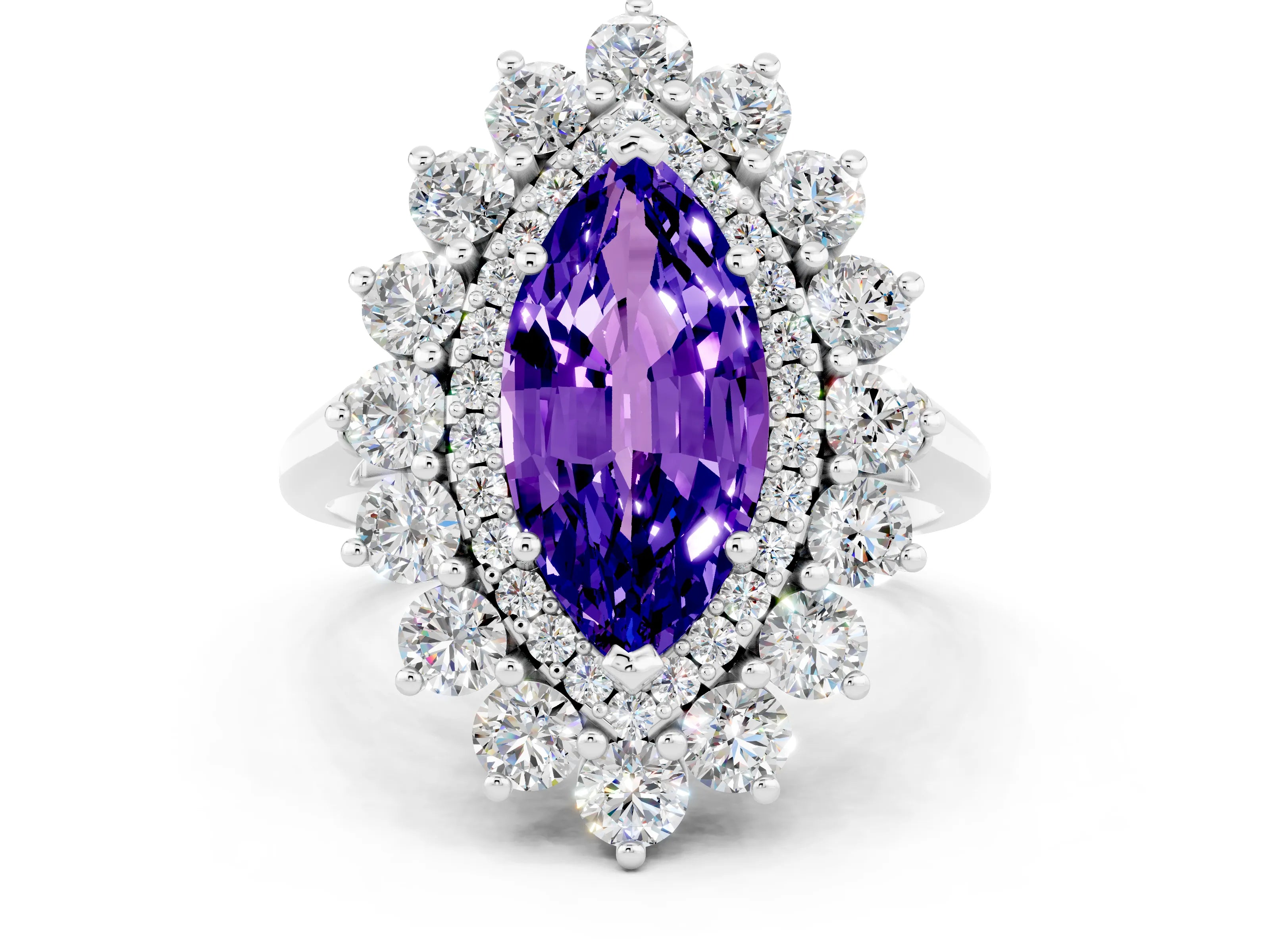 White gold Marquise Cut Halo Cluster Diamond Ring with Pave Band and Four-Prong Setting