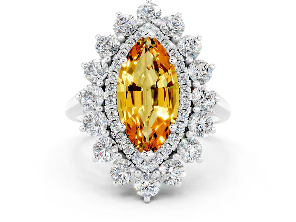 Silver Marquise Cut Citrine Floral Double Halo Engagement Ring with Prong Setting