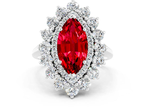 White gold Marquise Cut Ruby Floral Double Halo Engagement Ring with Prong Setting