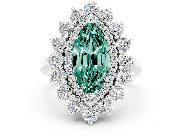 White gold Marquise Cut Green Sapphire Floral Double Halo Engagement Ring with Prong Setting