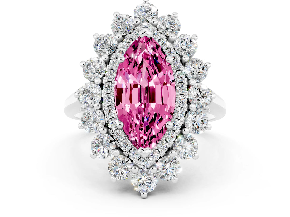 White gold Marquise Cut Halo Cluster Diamond Ring with Pave Band and Four-Prong Setting_12