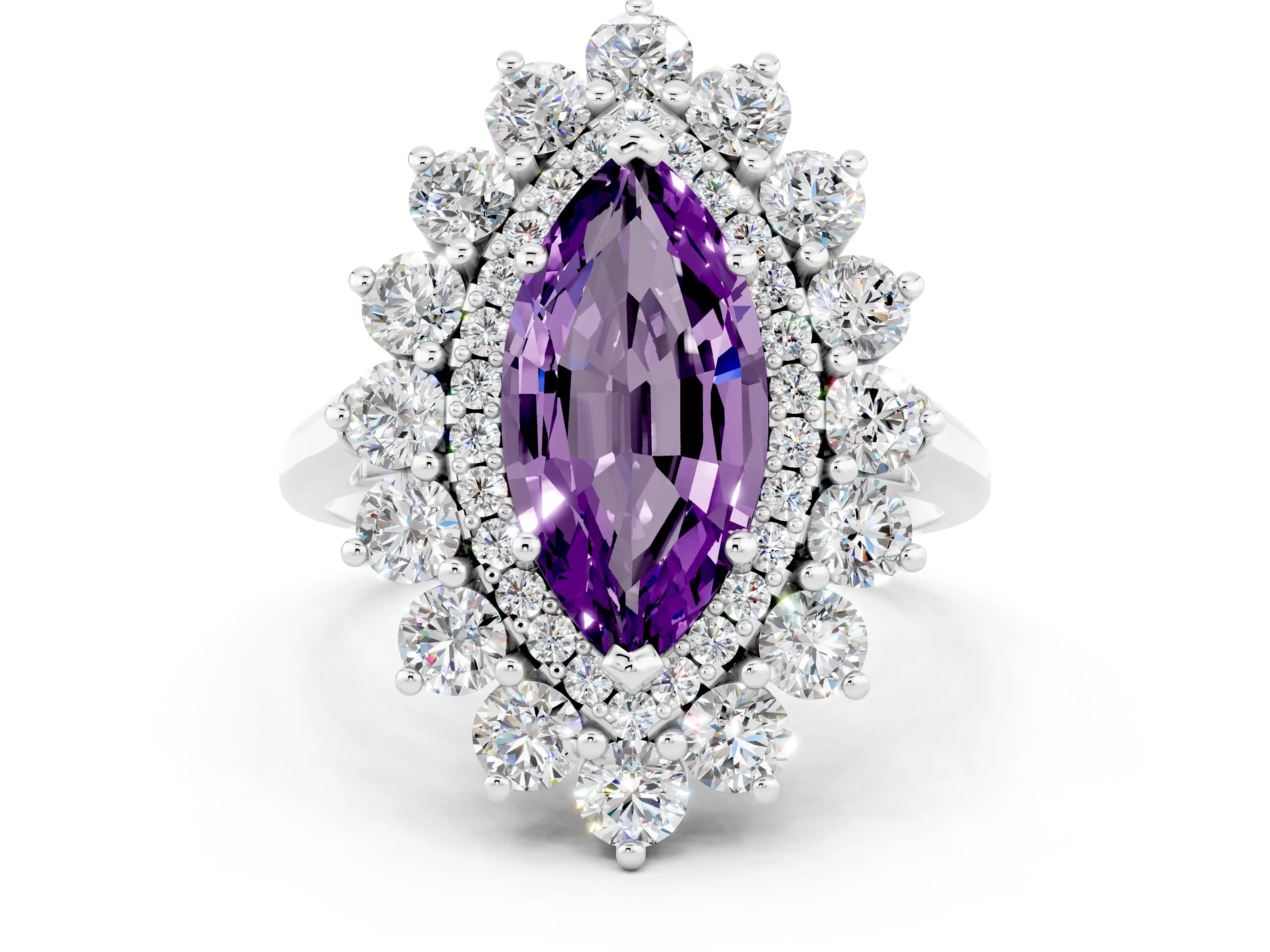 White gold Marquise Cut Halo Cluster Diamond Ring with Pave Band and Four-Prong Setting_12