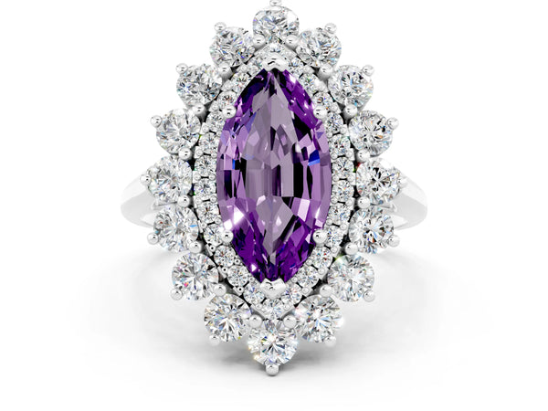 Platinum Marquise Cut Amethyst Floral Double Halo Engagement Ring with Prong Setting