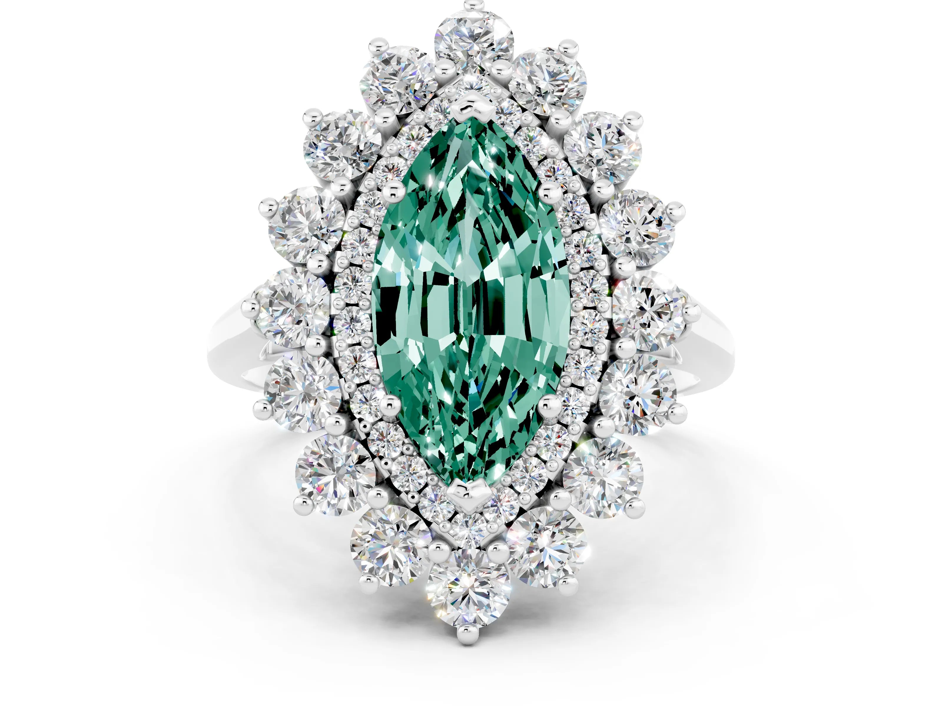 White gold Marquise Cut Halo Cluster Diamond Ring with Pave Band and Four-Prong Setting_12